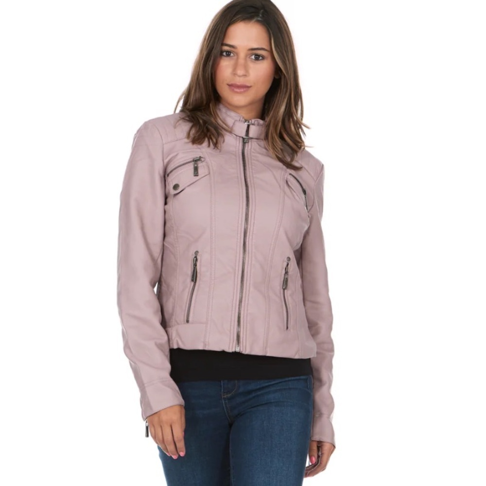 Jou Jou Women's Lavender Light Pink Vegan Leather Cabaret Moto Jacket